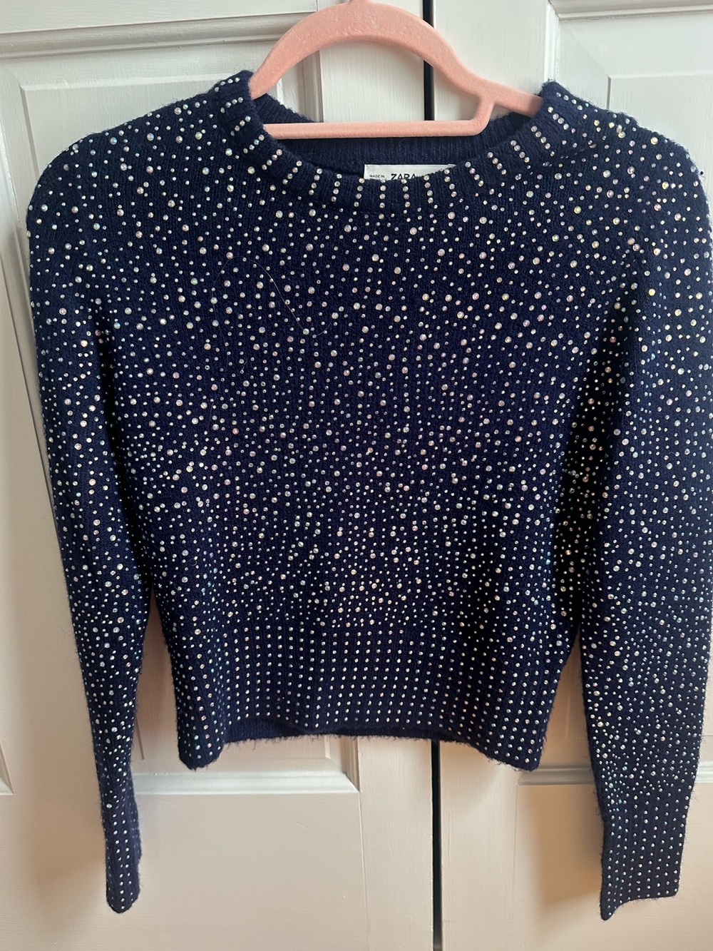 Zara Navy Crewneck Sweater with Pearl Stud Detail